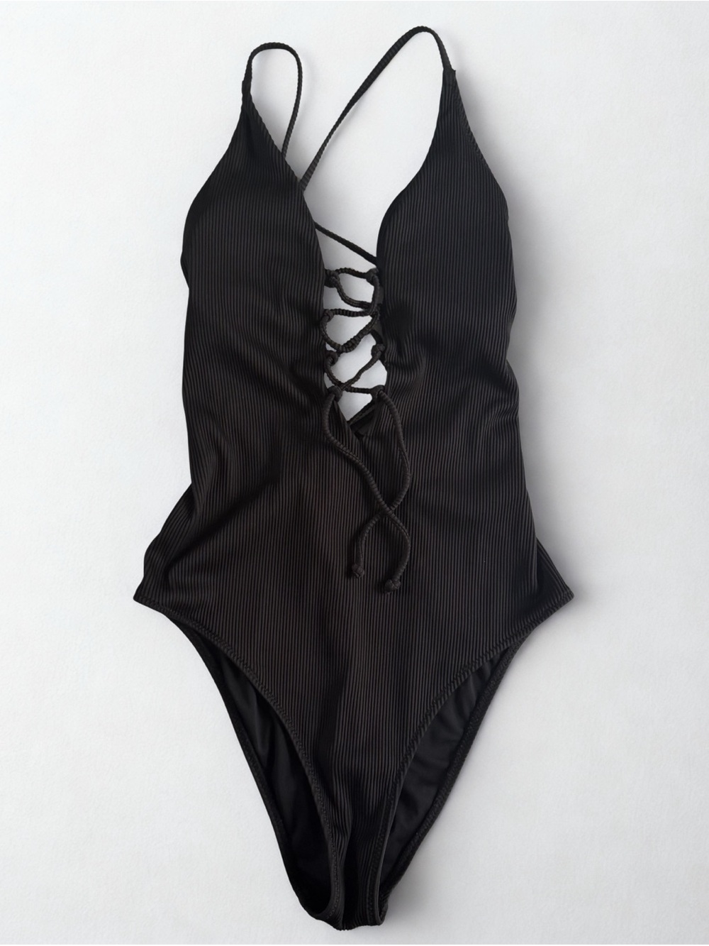 Cupshe Black Ribbed Lace-Up One-Piece Swimsuit